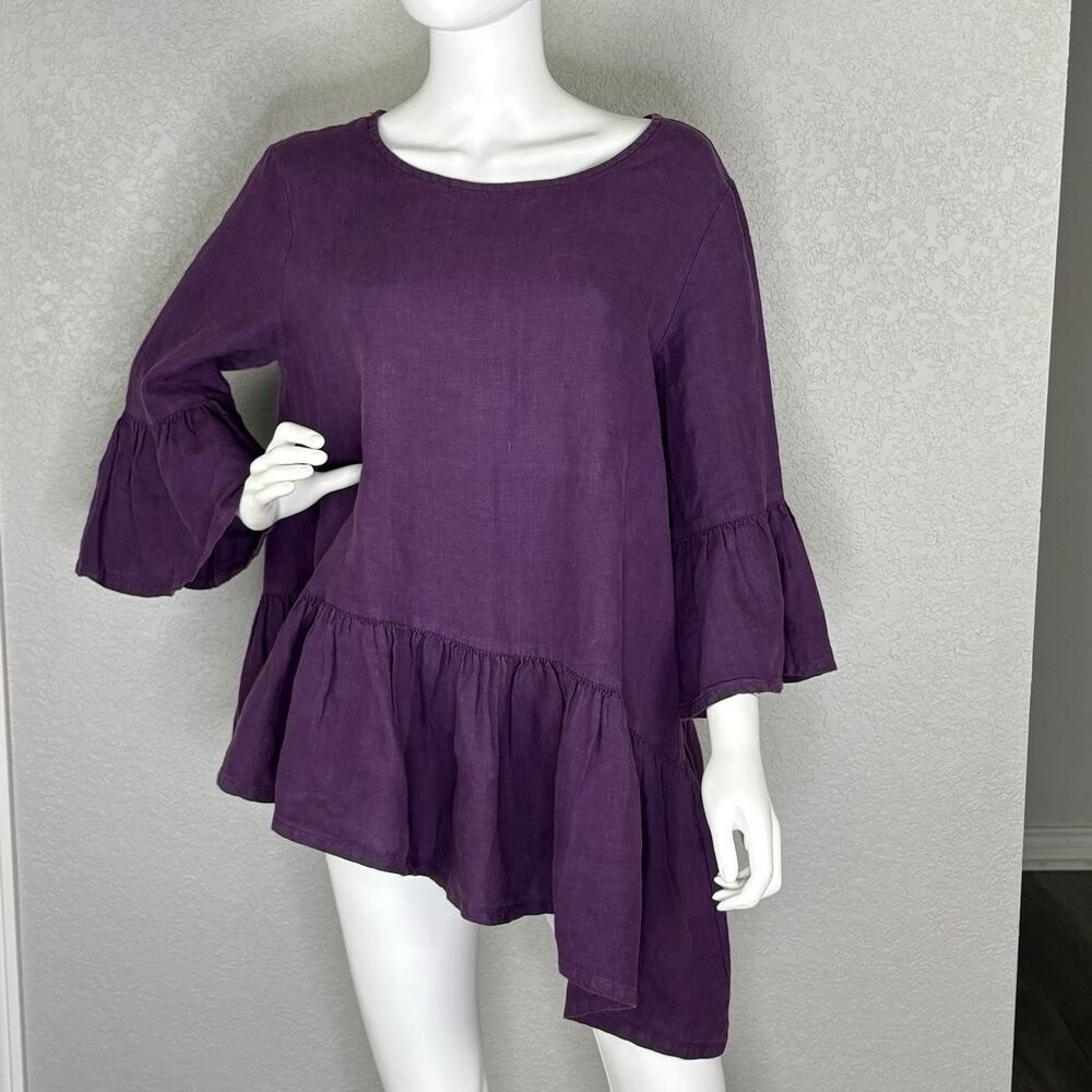 Bryn Walker Women's Franci Top 100% Linen Asymmetrical Hem Purple Size S